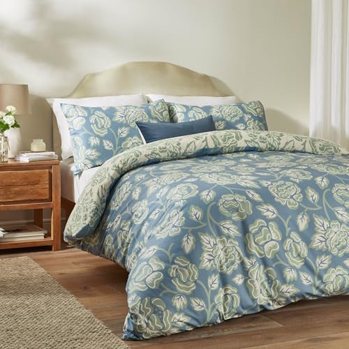 furn. Duvet Day Camellia Duvet Cover Set – Reversible Floral Printed Bedding with Tranquil Blooms & Soft-Touch Fabric (French Blue - King)