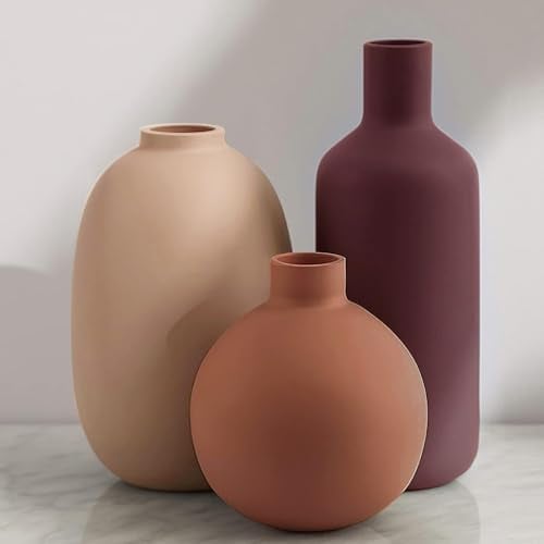 Modern Ceramic Vase Set of 3 for Home Decor, Terracotta Farmhouse Vases, Decorative Bohemian Pottery Vases for Pampas Grass, Living Room, Kitchen, Bedroom, Entryway