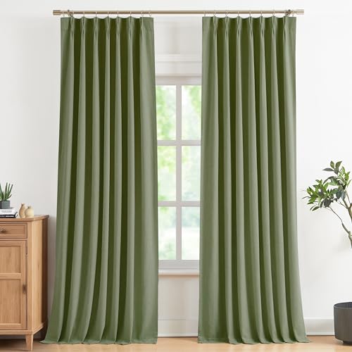 "Vision Home Sage Green Pinch Pleated Full Blackout Curtains Linen Blended Room Darkening Curtain Panels 95 inch for Living Room Bedroom Thermal Insulated Pinch Pleat Drapes with Hooks 8FT 40""Wx95""Lx2"