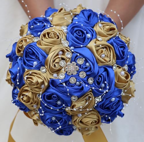 "Mhojpik Bridal Wedding Bouquet Round Bling Brooch Bouquet Throw Toss Artificial Rose Flower Bunch for Bride Bridesmaid Wedding Quinceanera(Royal Blue & Gold, 9.8"")"
