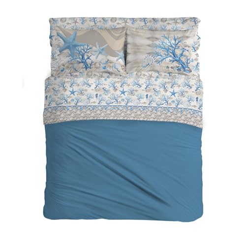 PENSIERI DELICATI Double Bed Set 100% Cotton, Double Bed Sheet Set, 180 x 200 cm, Including Bottom Sheet, Top and 2 Pillowcases, Made in Italy, Blue Navy Pattern