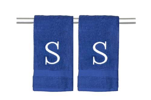 Navy with White Monogrammed Hand Towels for Bathroom - Set of 2 Letter S - Luxury Hotel Quality Initial Towels For Powder Room, Spa, GOTS Organic Certified