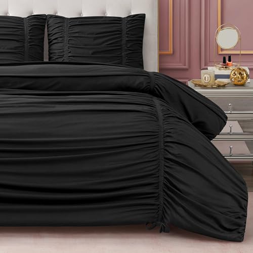 Juicy Couture Ribbon Ruched 3 Piece King Comforter Set, Black Bedding Ensemble
