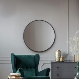 MirrorOutlet Stylish Round Circular Black Metal Framed Mirror – Modern Circular Wall Mirror: 80cm diameter