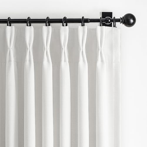 Pinch Pleated White Curtains 84 Inches Long for Living Room, Modern 100% Blackout Natural Linen Viral Windows Curtain & Drapes 84 Inch Length 2 Panel Set Dual Layer Memory Shape Pleat Dining Room Burg