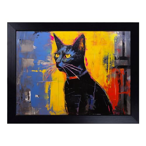 Lap Tray with Bean Bag Cushion, Egyptian Cat Gestural - Handmade in the UK, Raised Wooden Edge, Padded Cushion, Heat-Resistant Wipe-Clean Surface, for Meals, Laptops and Crafts