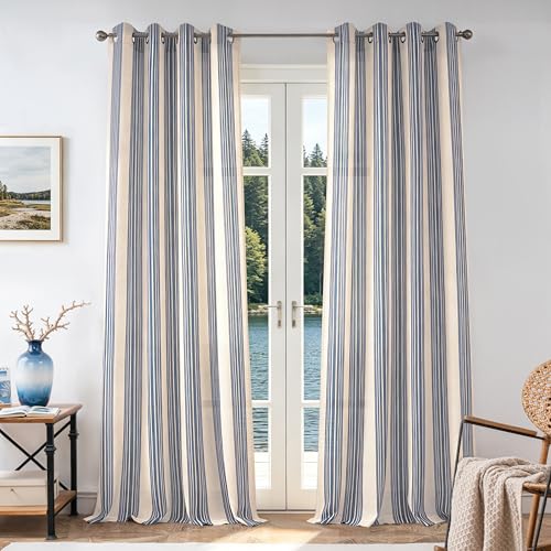 DriftAway Farmhouse Curtains for Living Room Vertical Striped Linen Curtains Semi Sheer Light Filtering Grommet Window Treatments, 108 Inches Long, 2 Panels, Jean Navy on Beige