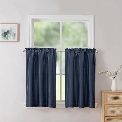 Chyhomenyc Uptown Navy Blue Tier Curtains 24 Inch Length 2 Panels, Faux Silk Fabric Room Darkening Privacy Short Curtains for Small Window Farmhouse Bedroom Bathroom, Each 30x24 Inch