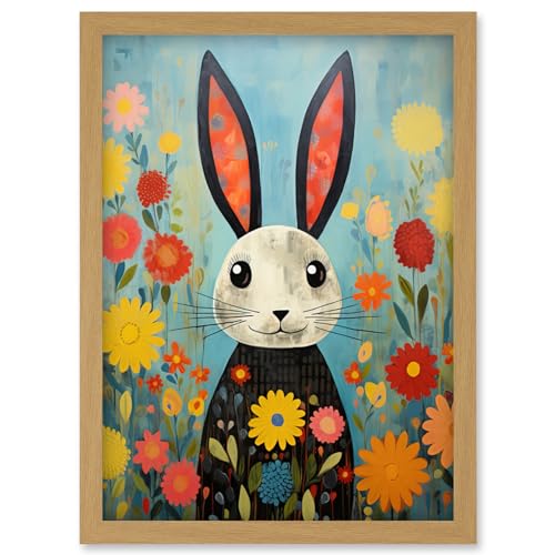 Artery8 Funny Bunny Illustration Modern Floral Rabbit Animal Artwork for Kids Bedroom or Baby Nursery Artwork Framed Wall Art Print A4
