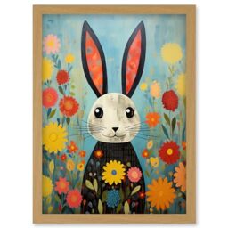 Artery8 Funny Bunny Illustration Modern Floral Rabbit Animal Artwork for Kids Bedroom or Baby Nursery Artwork Framed Wall Art Print A4