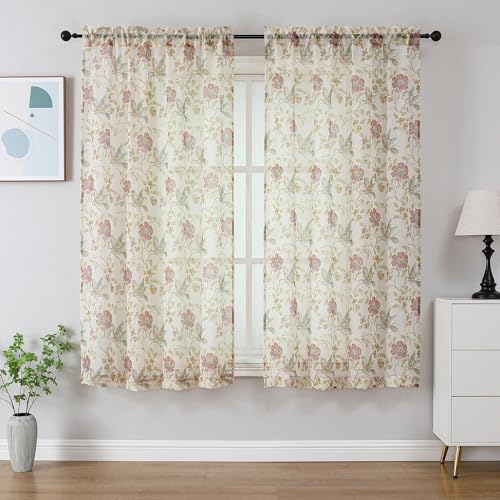 "OWENIE Floral Sheer Curtains for Bedroom Living Room 63 Inch Length 2 Panels, Farmhouse Light Filtering Printed Crushed Patterned Curtains, Rod Pocket Semi Sheer Drapes, Each 42"" W x 63"" L"
