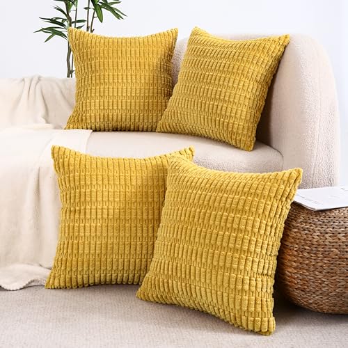 All Smiles Decorative Mustard Yellow Throw Pillow Covers 20x20 Set of 4 Farmhouse Rustic Boho Home Decor Soft Plush Striped Corduroy Square Cushion Case for Living Room Couch Bed Sofa