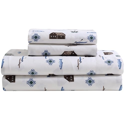 "Cozy Cabin 4-Piece King Microfiber Sheet Set, Lake Day - Rustic design 100% polyester microfiber set with 14"" deep pocket fitted sheet"