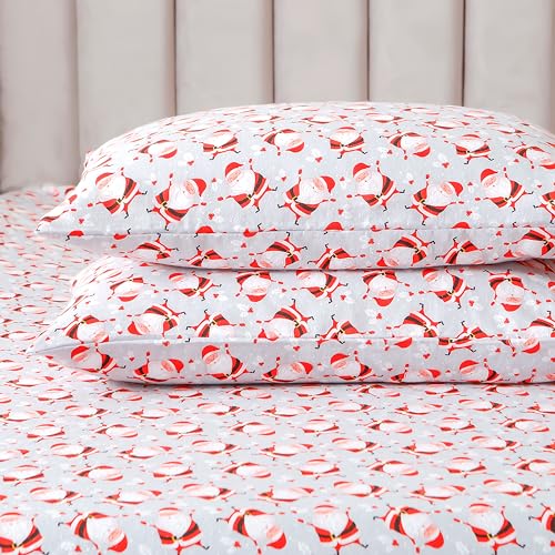 Elegant Comfort Ultra Soft 4-Piece 100% Turkish Cotton Flannel Sheet Set - Holiday Christmas Flannel Sheets, Warm and Cozy Premium Quality, Deep Pocket Fitted Sheet- King, Jolly Santa