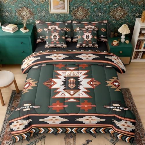 Erosebridal Western Twin Comforter Set with Sheets - Boho Decor Geometric 7 Piece Bedding Set Bohemian Aztec Bed in a Bag, Ethnic Tribal Arrow Room Decor,Green