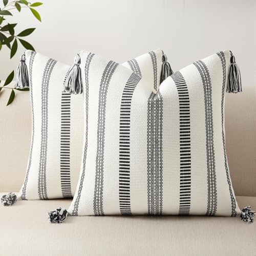 Smile Bee Boho Outdoor Couch Throw Pillow Covers Set of 2, Decorative Thick Woven Striped Accent Neutral Pillow Covers with Tassels for Bed Sofa Home Decor, 18x18 Inch, Black and Cream White