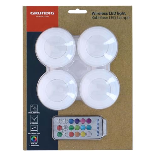 Grundig Wireless LED Lamp – Bedside Lamp with Remote Control – Self-Adhesive Table Lamp – Multi-Coloured Night Light – Battery Operated – Set of 4 LED Lights