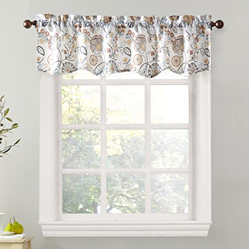 "No. 918 Signy Jacobean Pattern Semi-Sheer Rod Pocket Kitchen Curtain Valance, 54"" x 14"", White"