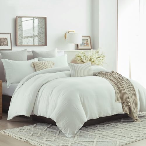 "CozyDH White Linen Duvet Cover Set - 3 Pieces Natural Linen Cotton Blend Duvet Cover Queen 90""x90"" with 8 Corner Ties and Zipper Closure, Soft Breathable Cooling Bedding for Hot Sleepers"