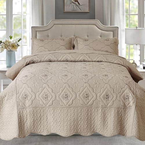 "Cmfshape Floral Embroidery Quilt Set,3 Pieces Queen Quilt Bedding Set,Classic Diamond Pattern Quilts,Ultra Soft Lightweight Reversible Bedspread Coverlets for All Season(Taupe,90""x90"")"