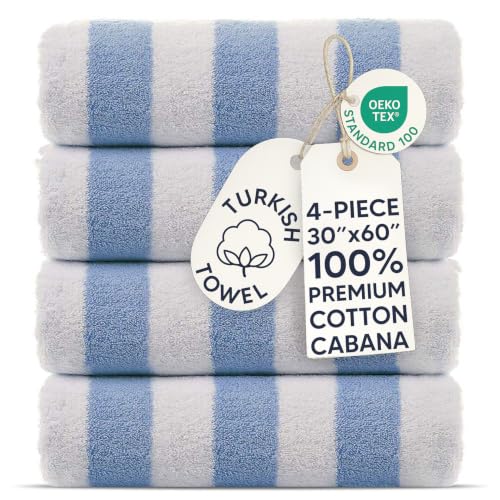 Chakir Turkish Linens Premium Quality 100% Cotton Turkish Cabana Thick Stripe Pool Beach Towels 4-Pack (Light Blue, 30x60 Inch)