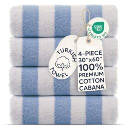 Chakir Turkish Linens Premium Quality 100% Cotton Turkish Cabana Thick Stripe Pool Beach Towels 4-Pack (Light Blue, 30x60 Inch)