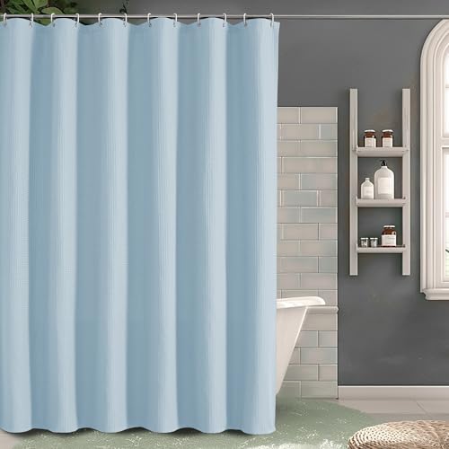 OVZME Long Fabric Shower Curtain Set, Waffle Textured Shower Curtain for Bathroom - Weight 230GSM Heavy Duty Hotel Spa Luxury Bath Curtain Set with 12 Plastic Hooks, 72Wx78L, Glacier Blue