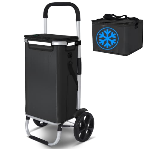 VOUNOT?? Folding Shopping Trolley, Aluminium Lightweight Shopping Basket with Insulated Cooling Bag, Waterproof Fabric, Mudguard Stair Climbing Wheels Grocery Trolley, 58L Black