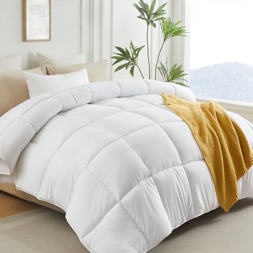 "L LOVSOUL Down Alternative Comforter Duvet Insert 100% Plush Brushed Microfiber Cover,Solid White-Queen(90""x90"")"