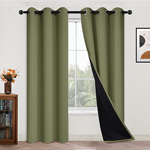 "Yakamok Sage Blackout Curtains 84 Inches Long for Bedroom 42"" Wide 2 Panel - Blackout Curtain Panels for Bedroom, 2 Thick Layers Grommet Top Thermal Insulated Drapes with Black Liner for Living Room"
