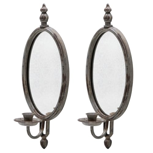 SOFFEE DESIGN 2PCS Antique Metal Candle Sconces Candlestick Holder Wall Mounted Distressed with Oval Faded-Looking Mirror