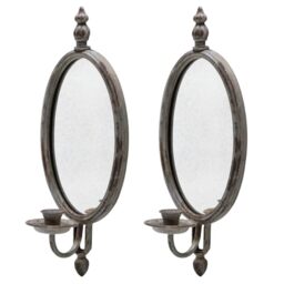 SOFFEE DESIGN 2PCS Antique Metal Candle Sconces Candlestick Holder Wall Mounted Distressed with Oval Faded-Looking Mirror
