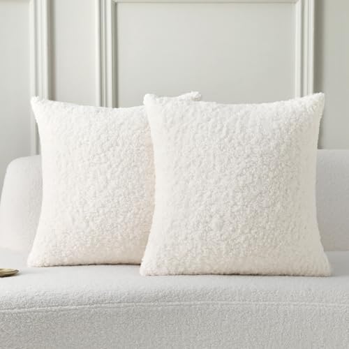 FUTEI Cream White Throw Pillow Covers 22x22 Inch Set of 2,Furry Faux Fur Teddy Boucle Textured Cushion Covers,Soft Fluffy Decorative Pillow Case,Home Decor for Couch Bed Living Room Office Car