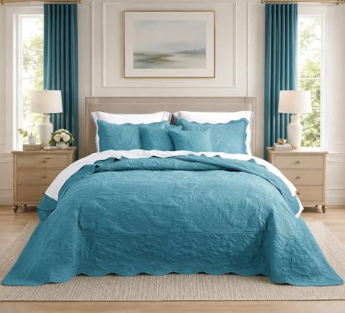 HZ & HY Oversized Alaskan King Bedspread 138x122, Stitched Paisley, Blue - Extra Wide Coverage, 5-Piece Quilt Set, Lightweight Reversible Coverlet, Scalloped Edge, Fresh Blue Classic Look