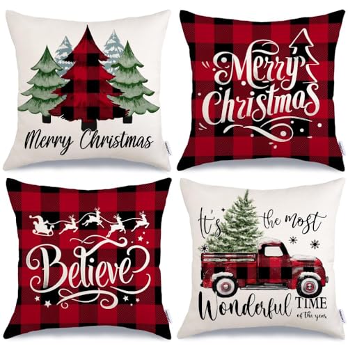 GEEORY Merry Christmas Pillow Covers 20 x 20 Inch Set of 4, Xmas Trees Buffalo Plaid Believe Truck Throw Pillowcases Farmhouse Decorative Cushion Cases for Home Sofa Decoration G421-20