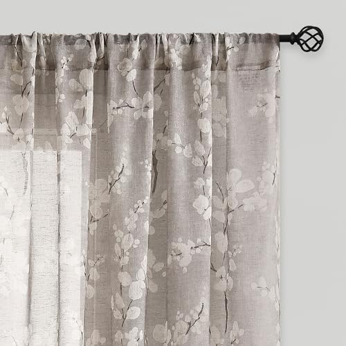 FMFUNCTEX Linen Sheer Blossom Floral Print Curtains Taupe 84 Inch 2 Panels - Rod Pocket Rustic Drapes, Farmhouse Flower Patterned Window Curtain, Light Filtering Privacy for Living Room and Bedroom