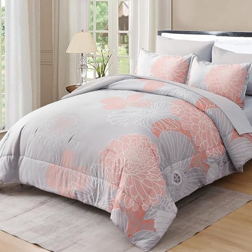 "Yiran Blush Grey Floral Bed in a Bag Comforter 7 Pieces Soft Microfiber Comforter Set Bedding Set King Size 104""??90""(1 Comforter,2 Pillowcases,2 Pillow Shams,1 Flat Sheet,1 Fitted Sheet)"