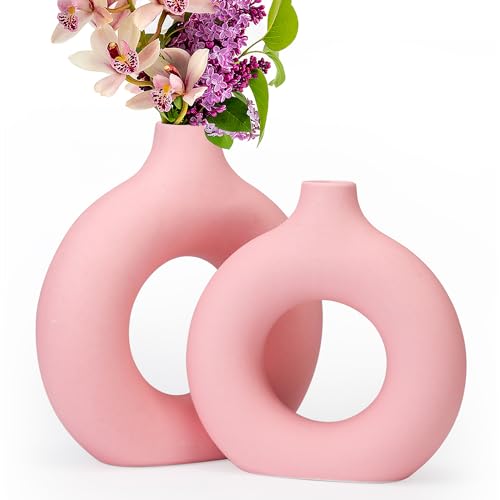 2-Pack Light Pink Ceramic Vase for Modern Home Decor, Round Matte Pampas Flower Vases Minimalist Nordic Boho Ins Style for Wedding Dinner Table Party Living Room Office Bedroom, Vase Decorative Gift