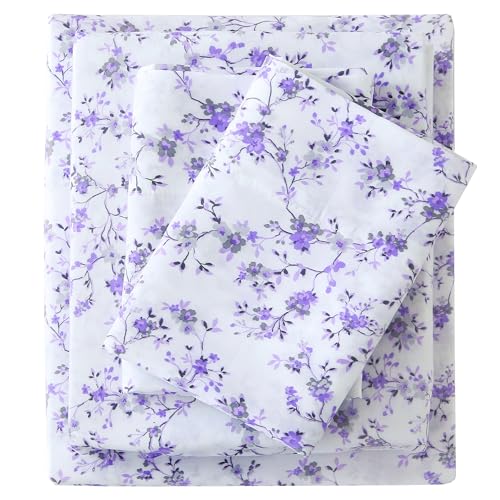 Viviland Floral Queen Sheet Set - 4 Piece Purple Lavender Botanical Patterned Bed Sheets - Soft, Breathable Microfiber Sheets with Deep Pocket, Non-Slip Fitted Sheets & Pillowcases