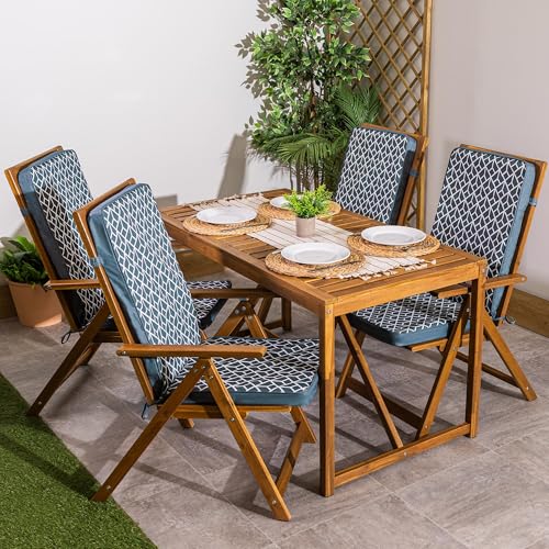 Bean Bag Bazaar Outdoor High Back Seat Pad, Geometic Grey, Set of 4, Garden Chair Seat Cushion with Fibre Fill Included, Water-Resistant, Cushions with ties for Chair, Garden, Patio Furniture