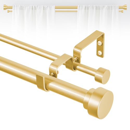 TANGWIN Gold Double Curtain Rod for Windows, 48-84 Inch Adjustable Heavy Duty 1 Inch Dual Rod