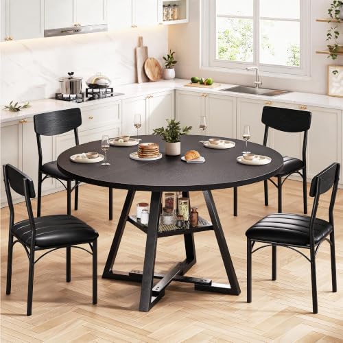 Jocoevol Round Dining Table and 4 Chairs Set of 4, Circle Dinner Table with Shelves, Space Saving Wood Kitchen & Dining Room Furniture (Black, 42 inch)