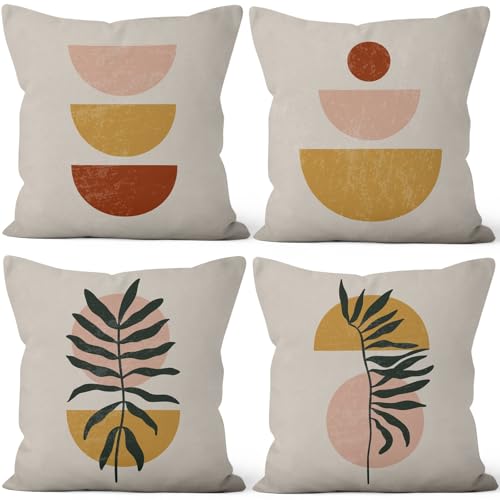 "Vie Savaran Boho Abstract Throw Pillow Covers 18""x18"" Set of 4, Bohemian Minimalist Geometric Leaves Cushion Cover for Sofa Chair Couch Bed Office Garden Patio Farmhouse Indoor Outdoor Decorative"