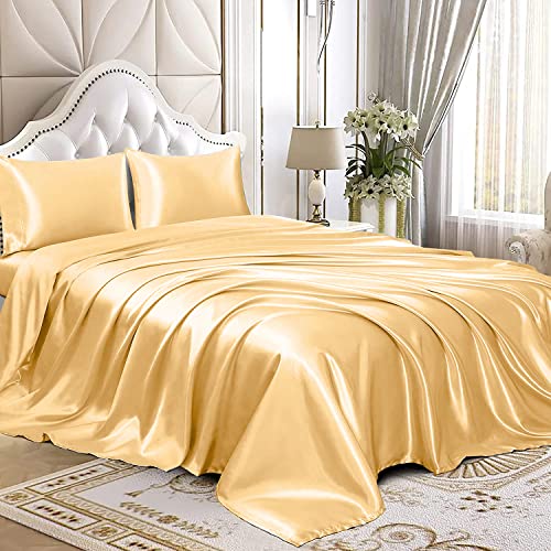 Homiest Twin Gold Deep Pocket Satin Sheets, 3-Piece - 15-Inch Deep Pocket Design, Silky Soft for Hair And Skin, Wrinkle And Fade Resistant, Machine Washable, Glossy Finish