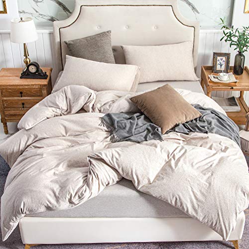 PURE ERA Jersey Knit Duvet Cover Set 100% T-Shirt Cotton Super Soft Comfy 3pc Bedding Set with Zipper Closure (Heather Beige, Full)