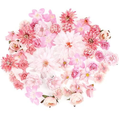 LACGO 48 PCS Fake Flowers Heads - Artificial Flower Heads Bulk Silk Faux Flower for Crafts Cake Blossom Wreath Garland Bouquets for Crafts Wedding Bridal Party Baby Shower Home Decoration(Pink)