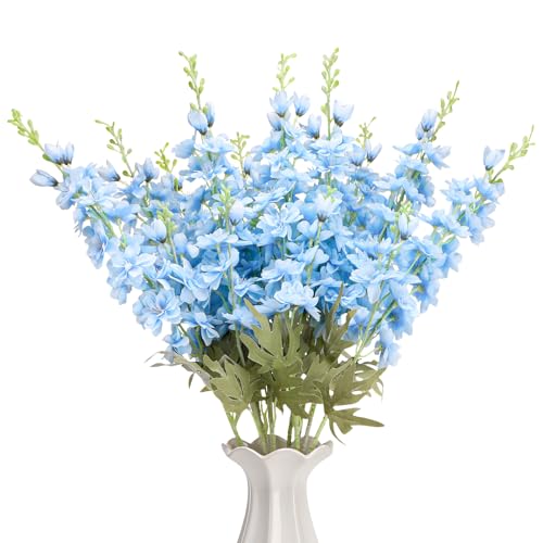 Ovveroche 10 Pcs Delphinium Artificial Flowers for Decoration, 33.86 Inch Long Stem Larkspur Fake Flowers Light Blue Faux Silk Bouquets for Tall Vase Wedding Home Decor Floral Arrangements(Light blue)