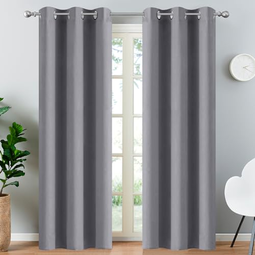 Yakamok Blackout Curtains Room Darkening Thermal Insulated Window Panels,Solid Grommet Top Drapes for Bedroom/Living Room(38Wx90L, Grey, 2 Panels)