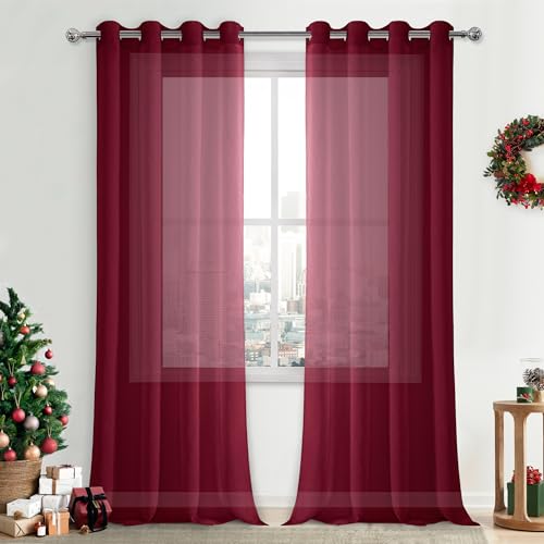DWCN Burgundy Sheer Curtains, Faux Linen Grommet Window Curtain Voile Sheer Drapes for Living Room Bedroom Thanksgiving Day & Christmas Decor Set of 2 Panels 52 x 108 Inch Long, Burgundy Red