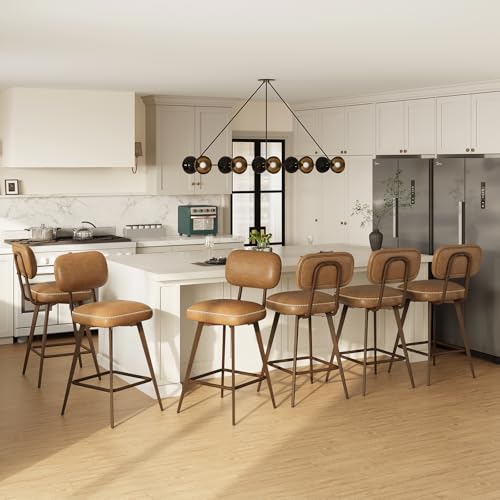 MALOL PU Leather Breakfast Bar Stools Set of 6, Swivel Kitchen Bar Chairs with Backrest and Metal Legs, Modern Barstools Counter with Anti-Slip Pads for Kitchen Island, Dining Room, Brown